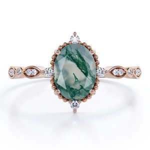 Anillo de compromiso de oro rosa de 18 quilates Ovate Natural blanco lechoso dendrítico musgo verde ágata Moissanite Pave Halo hermoso anillo de bodas - Product Image 3