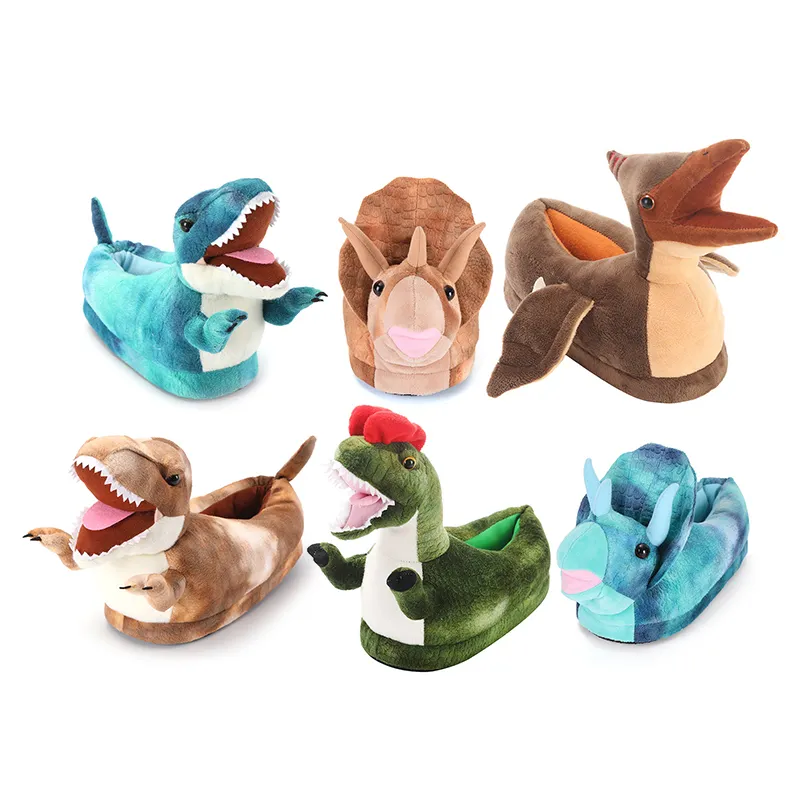 Goedkope Warme Huis Cartoon Pluche Slipper Heren Dames Pluche Slippers Dinosaurus