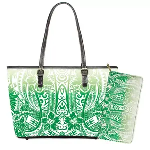 プルメリアフローラルプリントのグラデーショングリーンポリネシアン女性用本革ハンドバッグ高級ハンドバッグと財布付き財布