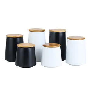 Tarros de cerámica personalizados para almacenamiento de alimentos, juego de tarros con tapa de bambú para té, café, harina de azúcar