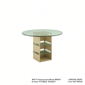 Table à manger ronde moderne en verre de 120 cm avec plateau en verre et base en bois et étagères en verre - Product Image 2
