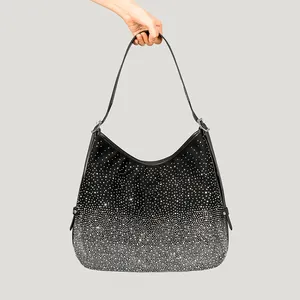 Famous Branded Sparkly Party Hobo Handbag Shoulder Bag Gradient Black Color Hobo Silver Rhinestone Bag