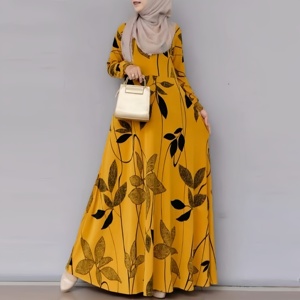 Vestido de mujer musulmana con estampado floral, manga larga, cuello redondo, estilo swing, túnica informal de corte A para vacaciones en el Medio Oriente - Product Image 4