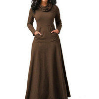Robes Femme d'Automne et d'Hiver Col Empilé Manches Longues Robe Longue avec Poches