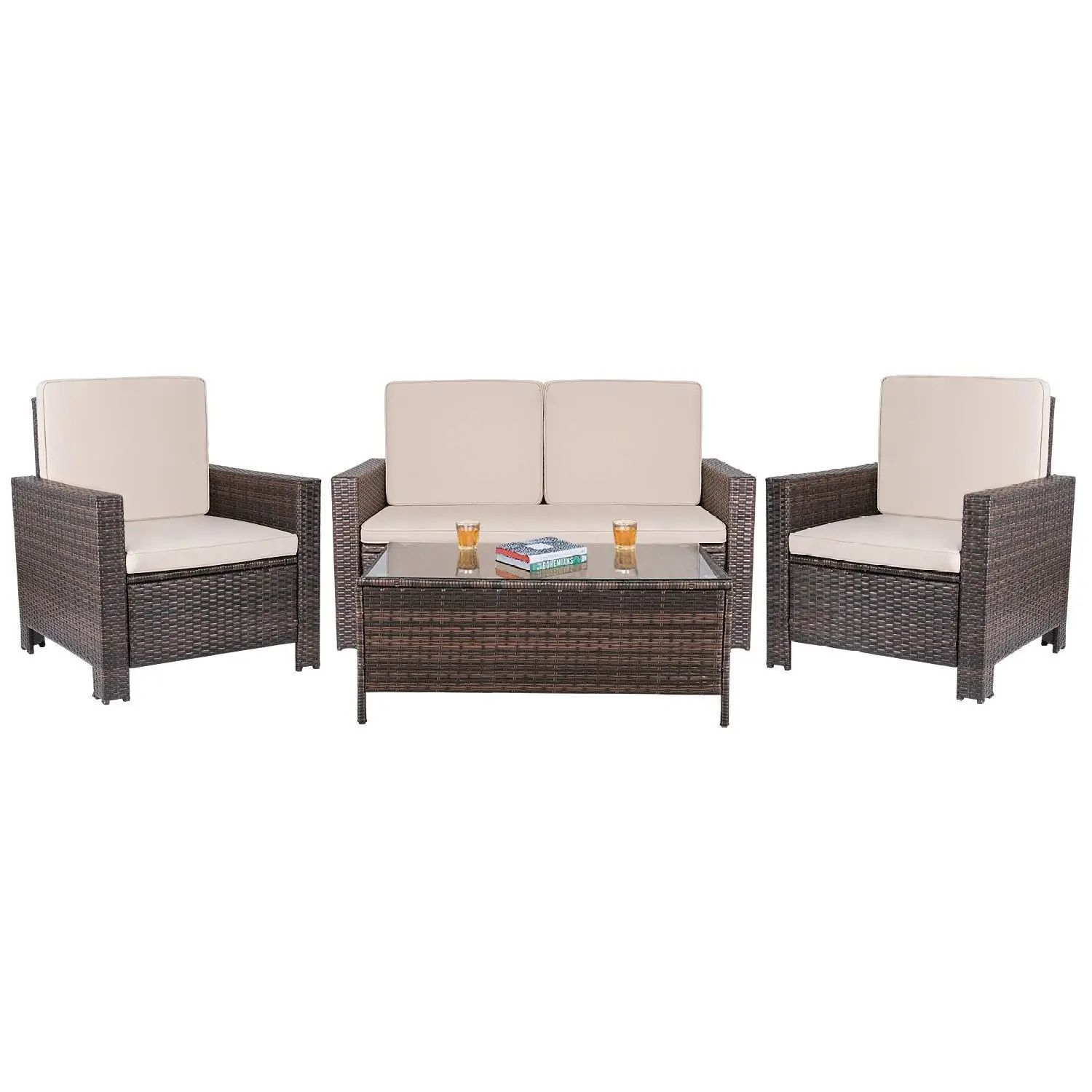 4 Piece Patio Conversation set, outdoor wicker rattan furniture garden sofa chair set with cushion.