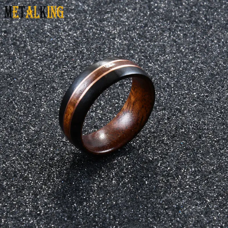 Fede nuziale in palissandro da 8mm anello doppio cerchio in rame e intarsio in legno di ebano nero