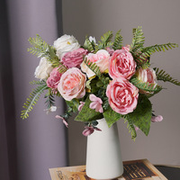 Bouquet de pivoines artificielles à cinq têtes en tissu de soie, arrangement floral romantique et rêveur pour la décoration intérieure et accessoires de photographie