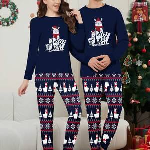 Pijamas Navideños Térmicos de Manga Larga con Estampado de Oso Polar Azul Personalizados para Mujer, Cierre de Cintura Elástica Familiar, Tejido de Punto - Product Image 1