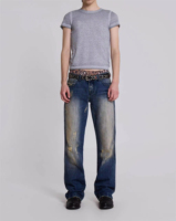 Jean bleu mi-vintage à jambe droite pour hommes, taille haute, finition dégradée avec clous en métal lourd, poches arrière, lavage à la mode