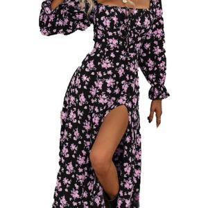 Vestidos Midi Casuales al por Mayor Personalizados para Mujer, con Estampado Otoñal, Manga Larga, Cuello Cuadrado con Lazo y Abertura Lateral - Product Image 3