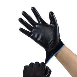 Guantes de Trabajo de Poliéster Negro Duraderos con Recubrimiento de Nitrilo en la Palma, Antideslizantes, Flexibles y Transpirables para Seguridad Industrial - Product Image 1
