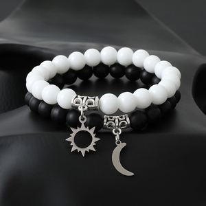 Black White <b>Beaded</b> Couple <b>Bracelet</b> for <b>Men</b> Women Crosss Sun Moon Charm <b>Bracelet</b> Luminous Cat Paw Lover <b>Bracelet</b> Glow in the Dark - Product Image 1
