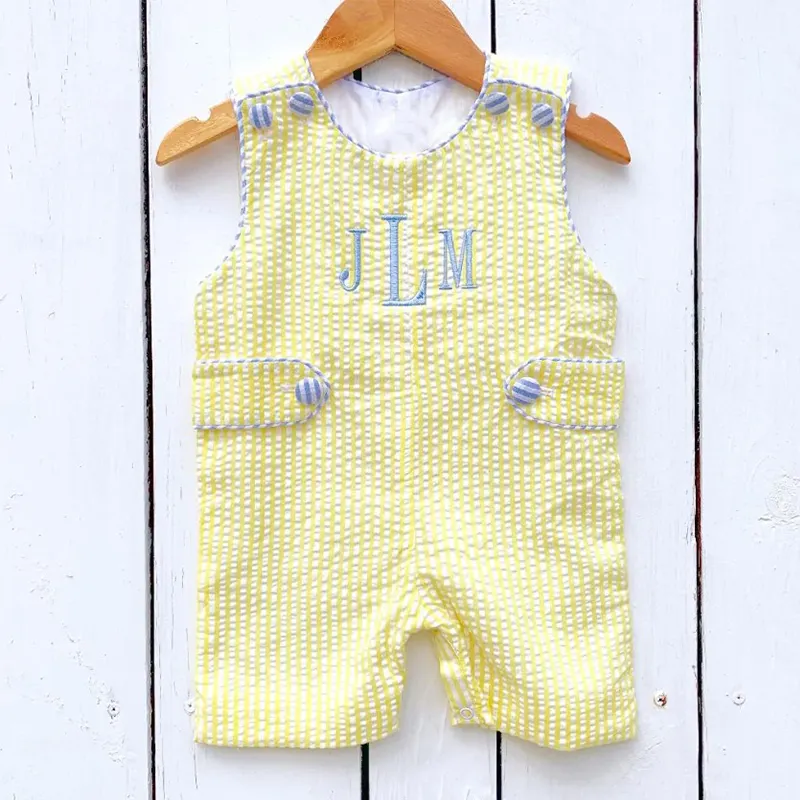 Wholesale Summer Kids Baby Designer Clothes Infant Boy Monogram Yellow Seersucker Shortall