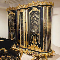 Lit king size en tissu noir sculpté avec feuilles d'or, style français luxueux, meubles de chambre à coucher de style européen, lit en bois massif sculpté.