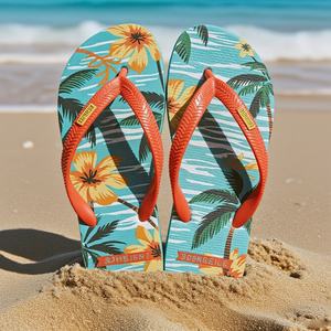 Wholesale Floral Print Beach Flip Flops Custom Logo Orange <b>Rubber</b> Strap Anti Slip PE <b>Sole</b> Summer Vacation Sandals Bulk New - Product Image 3