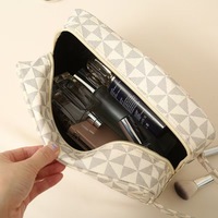 Pochette de maquillage vintage à imprimé géométrique en PU, sac de voyage portable pour cosmétiques, trousse de toilette multi-zippée avec sangle de transport