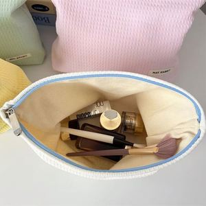 New Custom Logo Bow Waffle Polyester Zipper Durable Fashion Reusable Recyclable Lightweight Travel Cosmetic <b>Wash</b> <b>Bag</b> <b>Large</b> - Product Image 3