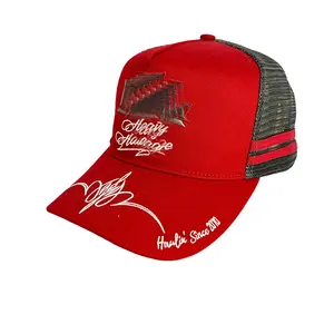 custom adjustable embroidery patch logo high quality 5 panel cotton Mesh baseball cap striped trucker hat wholesale