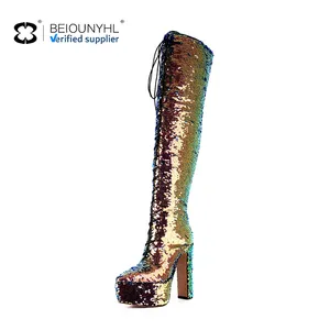 Sáng Bóng Ren lên đùi cao nền tảng khởi động phong cách bên lấp lánh sequined Dây kéo khởi động thiết kế hợp thời trang Chunky gót nền tảng khởi động - Product Image 5