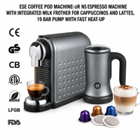 Machine à expresso 19 bars pour dosettes ESE ou capsules NS avec mousseur à lait intégré pour cappuccino, latte, usage domestique ou bureau