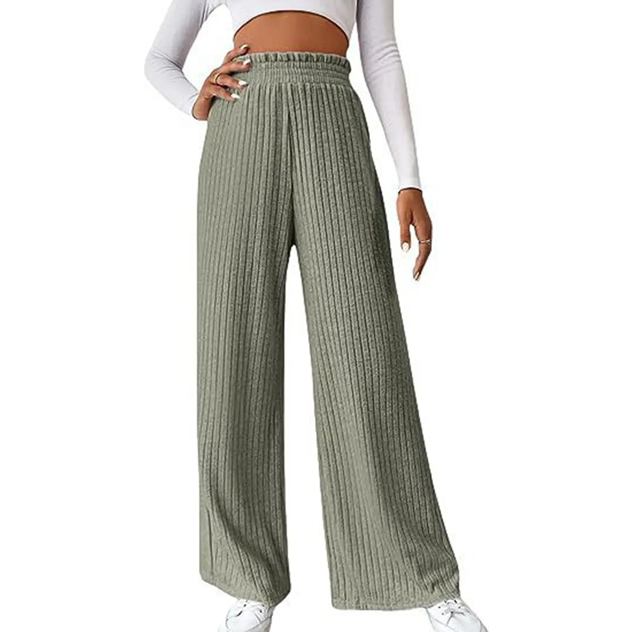 High Quality Wholesale Women High Waist Loose Ribbed Casual Pants