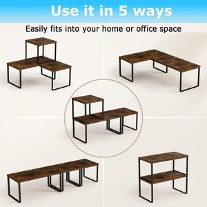 Étagère de rangement de bureau en bois à 2 niveaux, combinaison bois et fer, style minimaliste, marron peau de tigre, support en fer noir, organisateur - Product Image 4
