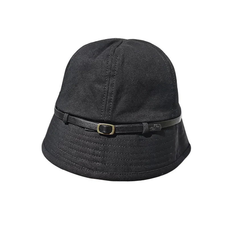 도매 여성 PU 가죽 벨트 장식 접이식 6 패널 면 태양 보호 작은 챙 태양 모자 여름 돔 탑 버킷 모자