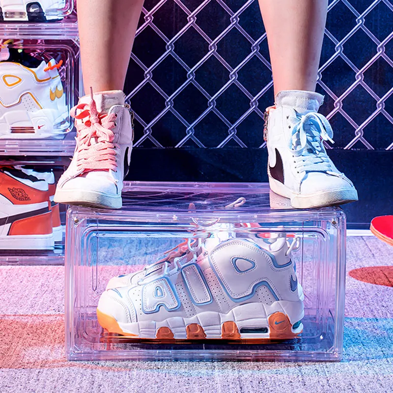 Plástico premium sapato caso acrílico transparente sneaker caixas claras personalizado empilhável armazenamento caixa