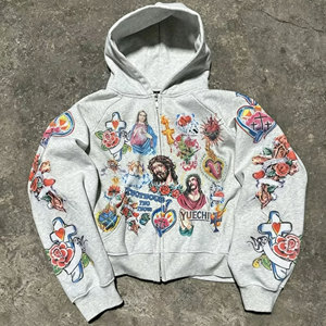 Sweat à capuche zippé personnalisé, surdimensionné, épais, en coton, avec impression DTG graphique, coupe carrée et courte - Product Image 4