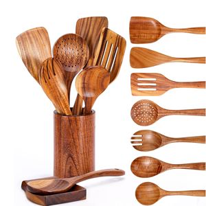 Ensemble de spatules en bois d'acacia, 7 pièces, ustensiles de cuisine résistants à la chaleur avec support pour cuisiner, remuer, servir - Product Image 1