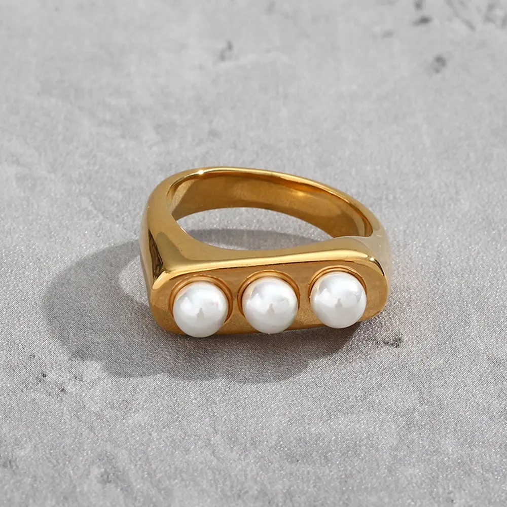 Anillo geométrico Irregular de perlas de agua dulce, de acero inoxidable, tres perlas blancas grandes