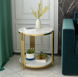 Mesa de centro redonda de mármol nórdico, mesa redonda doble dorada para negocios, oficina, hotel - Product Image 2