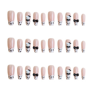 <span class=keywords><strong>Uñas</strong></span> Postizas Francesas Cortas Cuadradas Color Nude con Puntas con Estampado de Vaca y Dijes de Gatitos, Venta al Por Mayor - Product Image 4