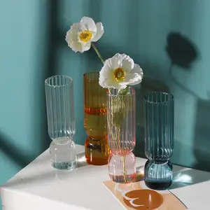 Geribbelde Transparante Knop Glazen Vazen Fles Cilinder Bruiloft Centerpieces Home Decor Bloem Arrangeurs Hydrocultuur Vazen