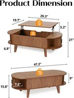 Pruchant Mid-Century Modern Ovaler Couchtisch mit Hebedeckel und Stauraum, 47,2 Zoll, Schiebetür mit Rollverschluss, Holzdesign mit Rillen, Walnuss-Finish für