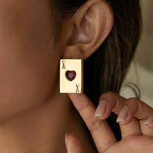 Custom Gold Color Lady Earring 14k 18k PVD Gold Plated Fashion 316L Stainless Steel Red Zircon <b>Playing</b> <b>Card</b> Earrings For Women - Product Image 1