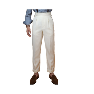 Pantalones <span class=keywords><strong>de</strong></span> Lana Rectos <span class=keywords><strong>de</strong></span> Cintura Alta con Botones y Estilo Nápoles para <span class=keywords><strong>Hombre</strong></span>, Pantalones Casuales Personalizados con <span class=keywords><strong>Tirantes</strong></span> - Product Image 4