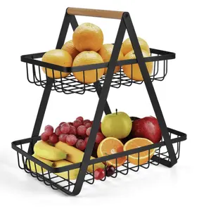 Fácil de montar y de nivel 2 negro tazón de fruta Oficina estante de almacenamiento de cocina vegetal bocadillos cestas de metal