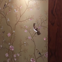 Papier peint chinoiserie peint à la main avec broderie partielle faite à la main, taille personnalisée, paysage botanique naturel, revêtement mural