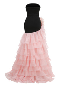 Vestido Largo Negro sin Tirantes con Volantes y Detalle Floral 3D, Vestido de Noche Formal Asimétrico para Mujer - Product Image 6