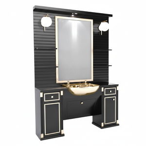 Moderna Estación de Barbería Comercial de Lujo en Dorado y Negro con Espejo de Madera para Salones de Belleza y Barberías TR Origin - Product Image 2