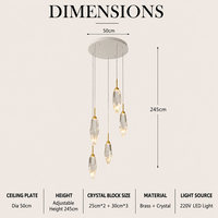 Lampe suspendue longue en cristal avec finition laiton, plaque de plafond de 50 cm pour plafond haut, éclairage d'escalier duplex