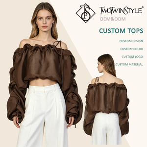 Atasan Crop Top Wanita Elegan Bergaya Ruffle Off Shoulder dengan Tali Ikat, Lengan Panjang Mengembang, Cocok untuk Sehari-hari, Santai, Kantor, Grosir - Product Image 1