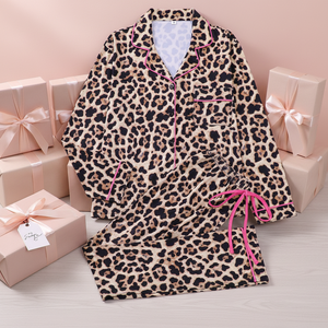 Pigiama in Raso da Donna, Sexy e Lussuoso, a Maniche Lunghe, con Stampa Leopardata, Set Camicia da Notte, Chemise de Nuit Femme - Product Image 1