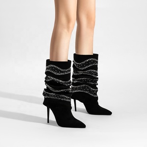 Bottines <span class=keywords><strong>noires</strong></span> à strass pour femmes, à bout pointu, talons hauts, style western glamour, souples, pour l'automne et l'été, rehaussant la silhouette - Product Image 1