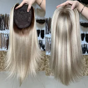 Beauté fille prêt à expédier des produits 100% mongol cheveux humains toupet cendré blond double couche soie base cheveux topper perruque