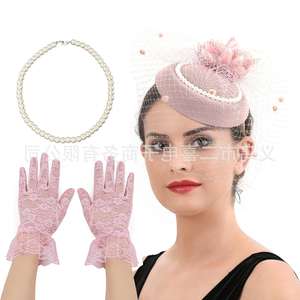 2401 erxi Retro perla sombrero horquilla diadema doble propósito fiesta foto nupcial Tiara encaje guante collar conjunto - Product Image 4