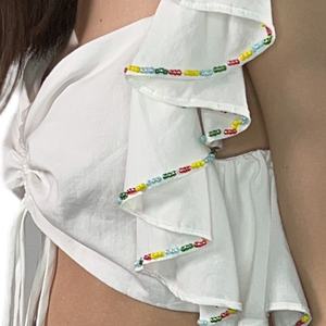 Nouveau Top Court Blanc Épaules Dénudées pour Femme, Sexy, Style Bustier, avec Perles et Imprimé Décontracté sur Coton et Lin pour l'Été - LA-RL1060A - Product Image 2