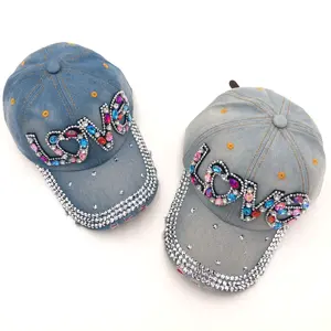 Topi bisbol warna dapat dicuci, topi bisbol wanita katun Jeans berlian imitasi Bling Bling untuk wanita