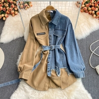 Robe Vintage en Denim Tissé Patchwork à Col Revers, Nouvelle Collection Printemps/Automne, Ajustée à la Taille, Amincissante, Asymétrique, Longueur Midi, Boutonnée